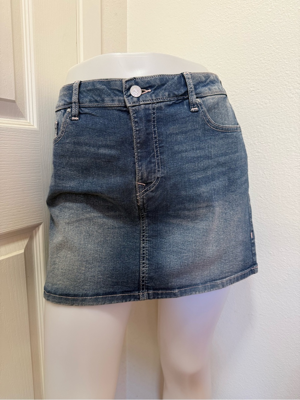 True Religion Faded Blue Denim Mini Skirt